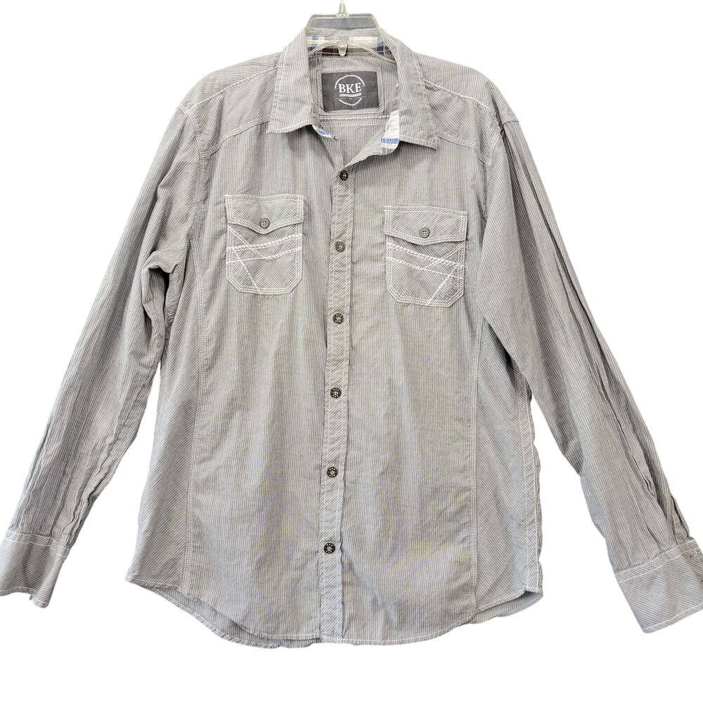 BKE Gray Pinstripe Button Up Shirt Classic Long Sleeves Athletic Fit Men Size XL